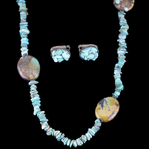 Vintage Turquoise Necklace (36”) & Clip-on Earrings